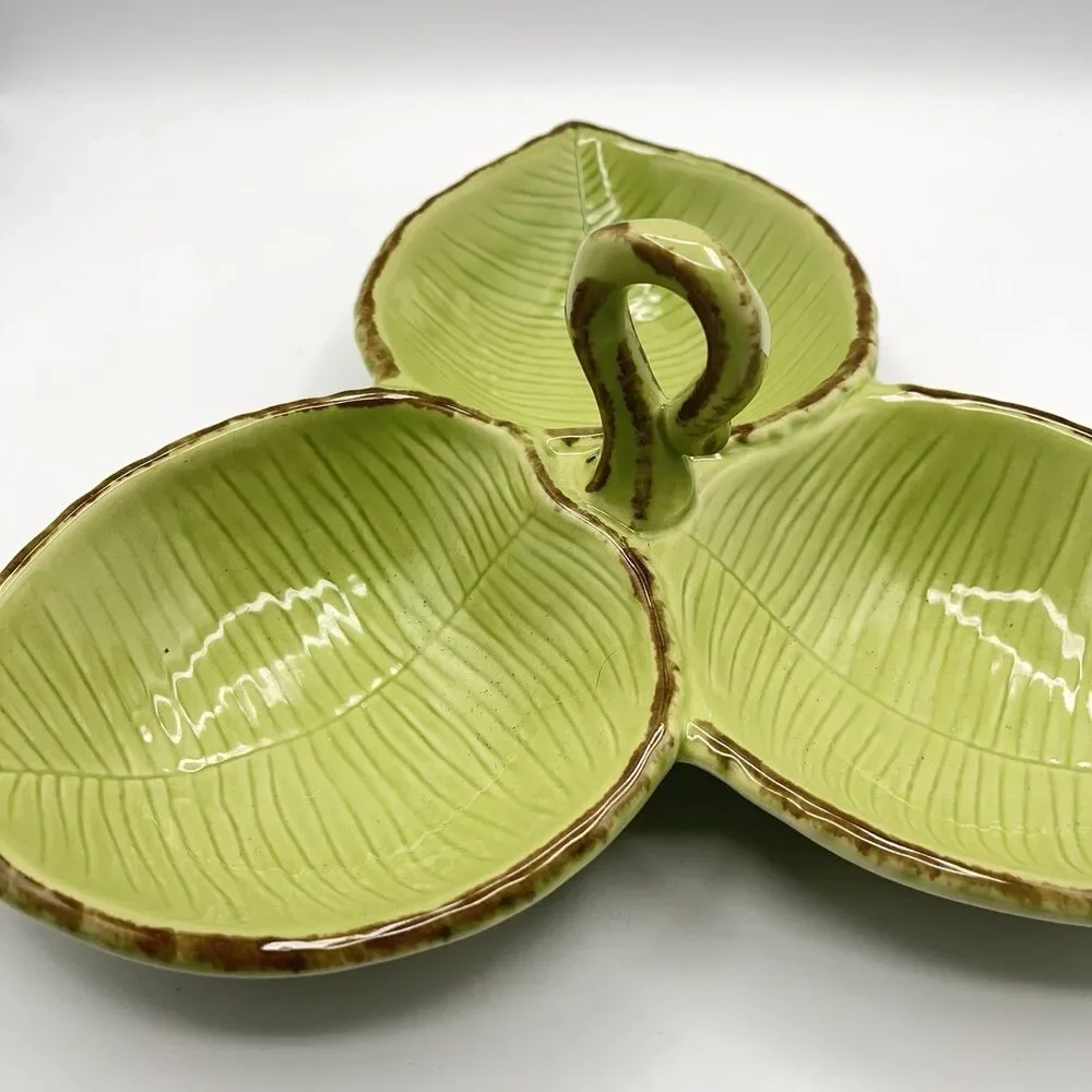 Pottery Barn Tropical Green Leaf Trio Candy Snack Serving Dish 11” w/Handle